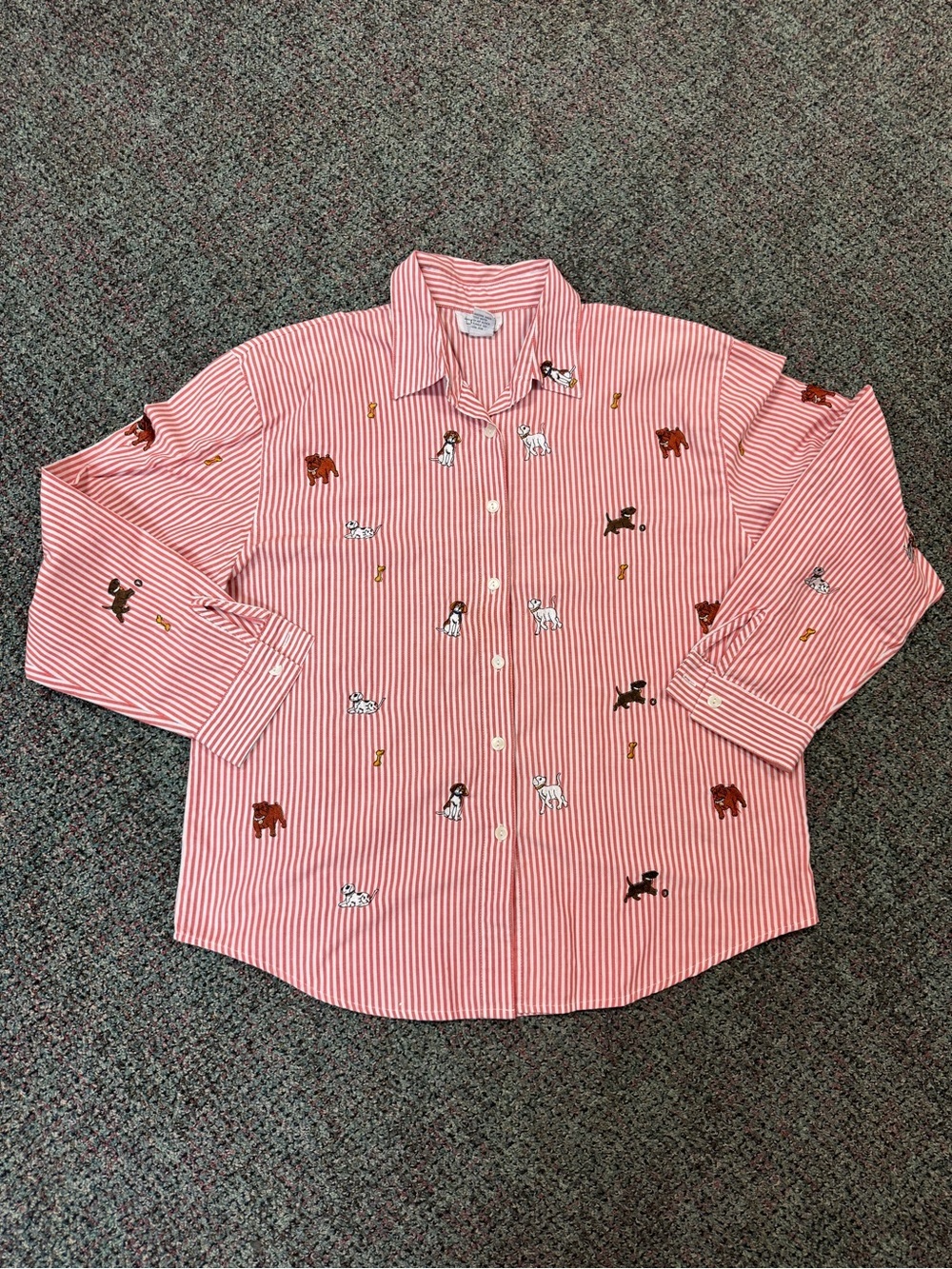 Vintage Teddi Striped Button-Up Shirt with Dog Embroidery - Pink/White XL
